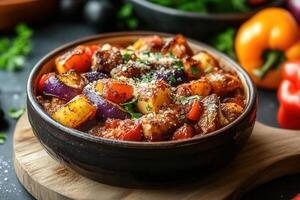 Roasted vegetable and meat stew in a rustic bowl, garnished with parmesan cheese. photo