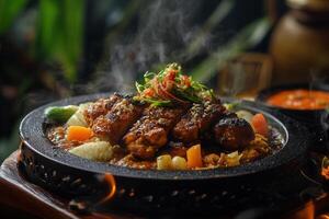 Sizzling grilled chicken with vegetables and curry sauce on a hot plate. photo