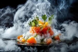 Smoked salmon appetizer with dry ice, garnished with parsley and diced tomatoes on a dark plate. photo