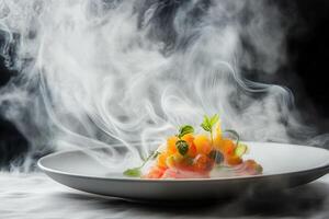 Smoked salmon appetizer on white plate with dry ice. photo