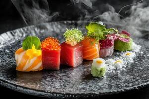 Steaming sashimi assortment on dark plate. photo