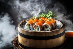 Steaming sushi rolls in wooden bowl with caviar. photo
