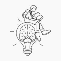 Outline of a Student Reading on Light Bulb with Brain Symbol vector