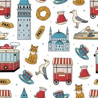 Istanbul themed doodles, cartoon elements seamless pattern for packaging, textile prints, wallpaper, backgrounds, wrapping paper, etc. EPS 10 vector