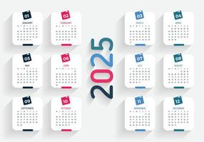 Calendar template 2025 set color english square calender collection vector