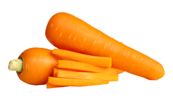 Side view of orange carrot roots with slices in stick shape in stack isolated with clipping path in file format png