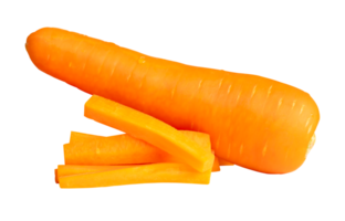Side view of fresh orange carrot root with slices in stick shape in stack isolated in file format png