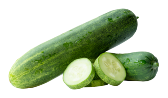 two fresh green cucumbers with slices in circle shape in stack isolated with clipping path in file format png