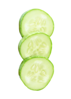 Three fresh green cucumber slices in circle shape in stack isolated in file format Top view photo png