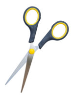 Top view of a pair of small multipurpose scissors with black and yellow handle isolated with clipping path in file format png