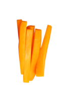 Side view of orange carrot slices in stick shape in stack isolated with clipping path in file format png