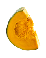 Top view of single green Japanese pumpkin slice or piece isolated with clipping path in file format png