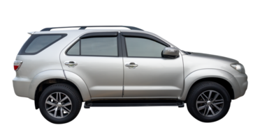 Side view of elegant silver SUV sports car isolated with clipping path in file format png