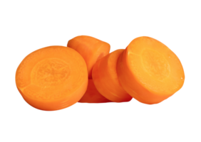 Front view of orange carrot slices or pieces in stack isolated with clipping path in file format png