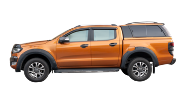 Side view of dark orange pickup truck isolated with clipping path in file format png