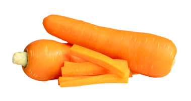 Side view of fresh orange carrot roots with slices in stick shape in stack isolated with clipping path in file format png