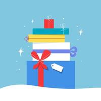 Stack of gift boxes with a tag in a snow. Christmas presents wrapped in colorful paper with tied ribbons and bows illustration. Cheerful holiday design vector