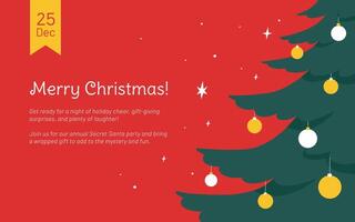 Christmas background with a Christmas tree illustration, twinkling stars and text. Merry Christmas design on red background for web or print invitation vector
