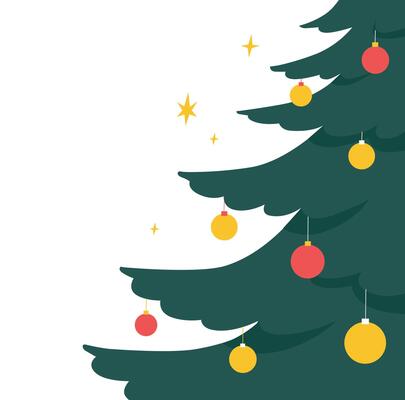 Festive Christmas tree decorated with red and yellow baubles isolated on white background with sparkling stars. Modern flat-style illustration for holiday