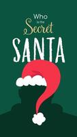 Secret Santa party announcement design with mysterious silhouette and Santa hat in a form of question mark. Unique poster showing surprise and fun vector