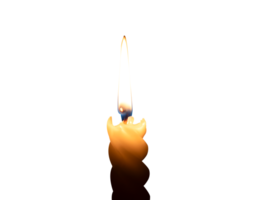A single burning candle flame or light glowing on a small spiral white candle isolated with clipping path in file format png