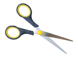 Top view photo of a pair of small multipurpose scissors with black handle isolated with clipping path in file format png