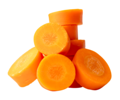 Side view of fresh orange carrot slice in stack isolated with clipping path in file format png
