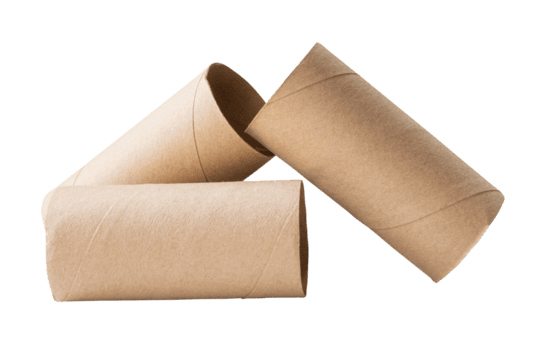 Side view of brown tissue paper cores in stack after tissue paper used isolated with clipping path in file format png