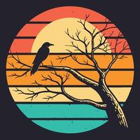 a bird sitting on a tree branch with the sun setting behind it vector