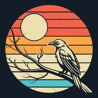 a bird sitting on a branch in front of a sunset vector