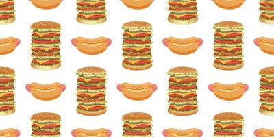 Fast Food Seamless Pattern with Hamburger and Sausages Repeat Design vector