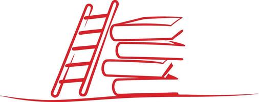 Red illustration of a ladder leaning against a stack of books, symbolizing education, learning, and achieving success through knowledge and wisdom. vector