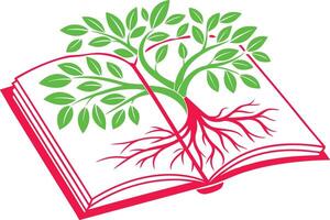 Knowledge Tree Growing Roots, Leafy Branches, Open Book vector