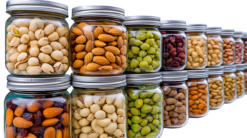 A row of jars with nuts and seeds png