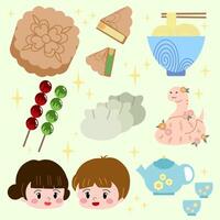 Chinese Luna year of snake icon doodle set, mooncake , tanghulo sweet desert with cute object hand drawn and food vector