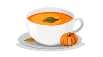 Cup of pumpkin soup with decoration, representing cozy autumn meals, on a white transparent background. png