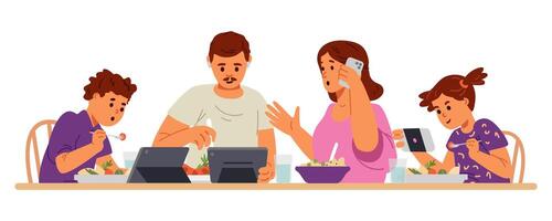 Gadget-addicted family with two children at dinner table flat illustration isolated on white. Parents and children using tablets and smartphone while eating. vector