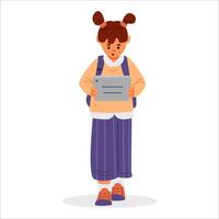 School girl with backpack walking and playing with tablet flat illustration isolated on white. Gadget addiction. vector