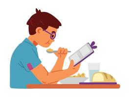 Boy eating lunch and using smartphone flat illustration isolated on white. Gadget addiction problem. vector