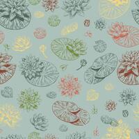 Abstract water lily seamless pattern. Floral ornament with lotus flowers. Botanical design retro style. vector