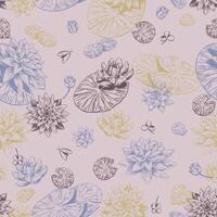 Abstract water lily seamless pattern. Floral ornament with lotus flowers. Botanical design retro style. vector