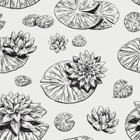 Retro water lily seamless pattern. Monochrome ornament of lotus flowers. Botanical design retro style. vector
