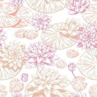 Abstract water lily seamless pattern. Floral ornament with lotus flowers. Botanical design retro style. vector