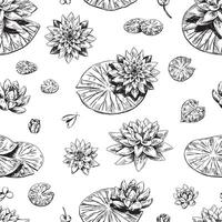 Retro water lily seamless pattern. Monochrome ornament of lotus flowers. Botanical design retro style. vector