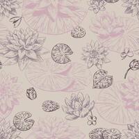 Abstract water lily seamless pattern. Floral ornament with lotus flowers. Botanical design retro style. vector