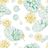 Abstract water lily seamless pattern. Floral ornament with lotus flowers. Botanical design retro style. vector