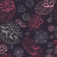 Abstract water lily seamless pattern. Floral ornament with lotus flowers. Botanical design retro style. vector