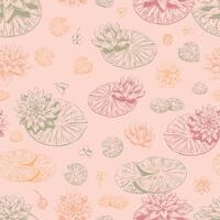 Abstract water lily seamless pattern. Floral ornament with lotus flowers. Botanical design retro style. vector