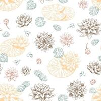 Abstract water lily seamless pattern. Floral ornament with lotus flowers. Botanical design retro style. vector