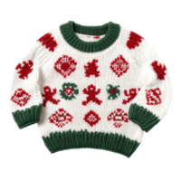 Festive holiday sweater with green trim and red snowflake patterns, reflecting Christmas spirit and warm seasonal vibes. png